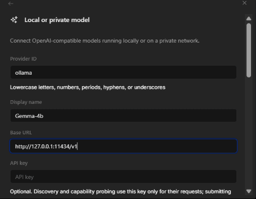 Connecting a local or private OpenAI-compatible model via a base URL