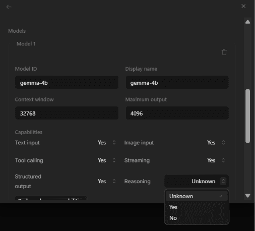 Declaring model capabilities: context window, tool calling, streaming, structured output