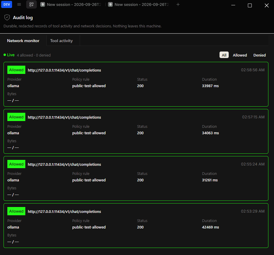 Audit log network monitor showing every outbound request as allowed, with provider, policy rule, status and duration