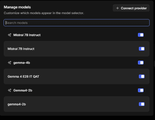 Manage models screen listing connected models such as Mistral 7B Instruct and Gemma with on/off toggles
